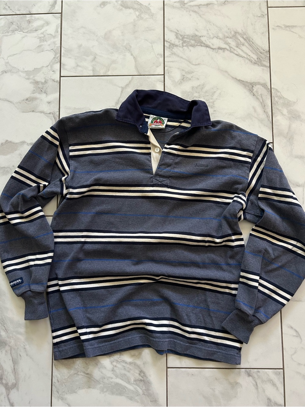 Vintage Navy & Alpine Blue Striped Rugby Polo Collared Shirt